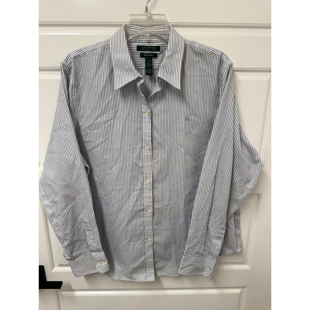 Lauren Ralph Lauren Womens XL Blue Striped Non-Iron Button Down Shirt Cotton